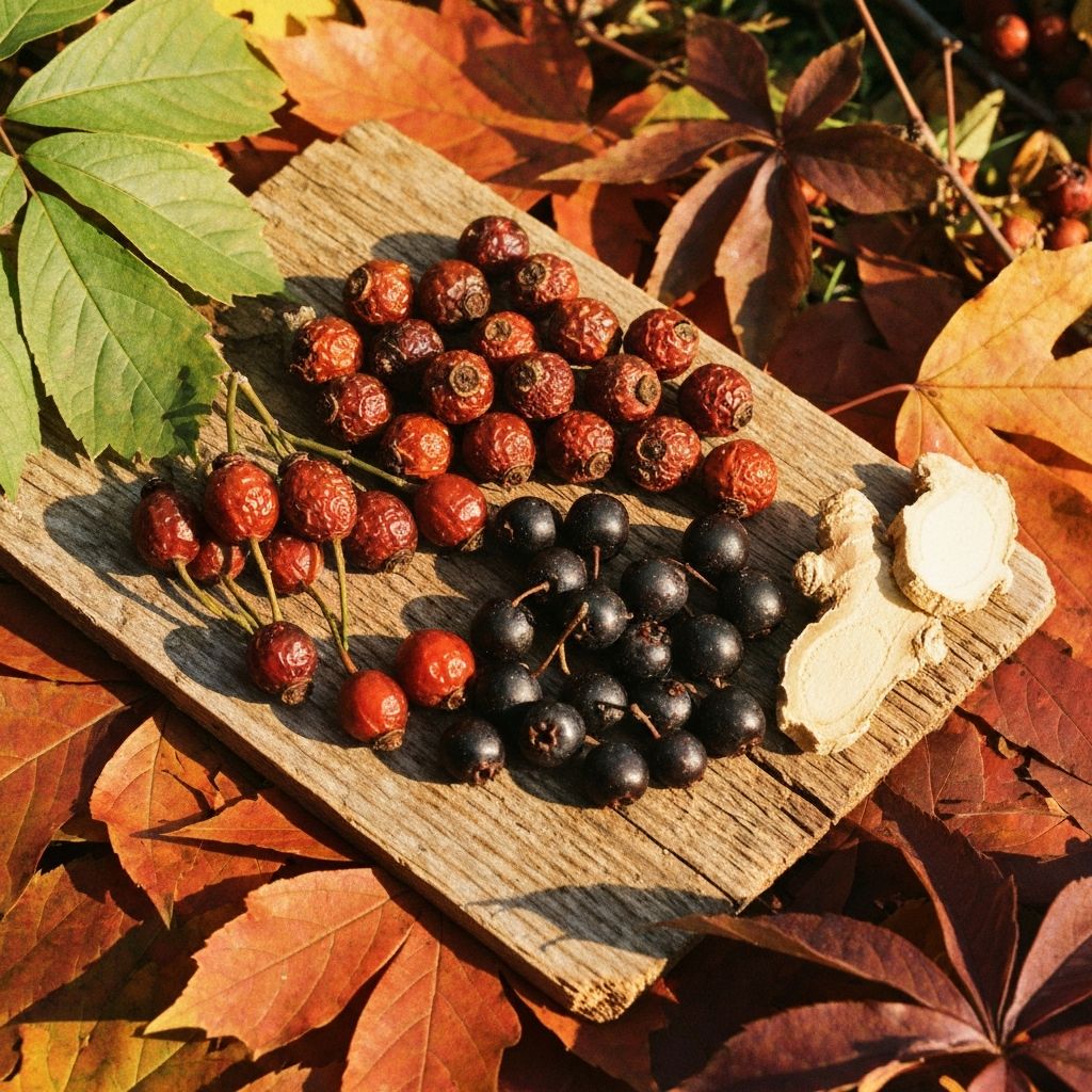 Autumn harvest with rose hips and dried roots